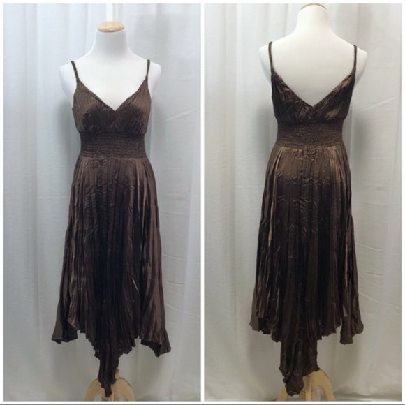 Express Brown Satin Pleated Handkerchief Hem Goddess Slip Dress … - Picture 2 of 9